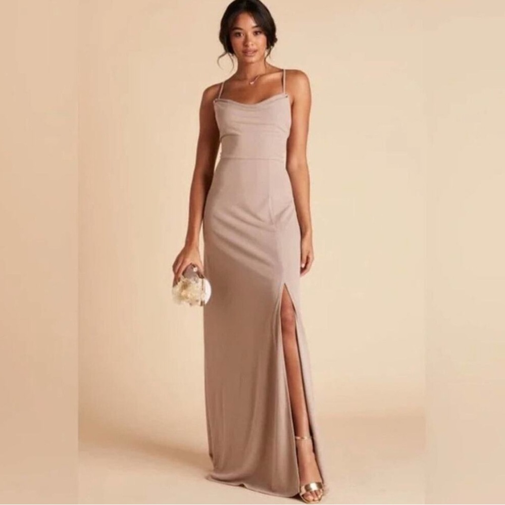 BIRDY GREY Ash Dress Crepe Taupe Cowl Neck Slit Bridesmaid Dress Size XS